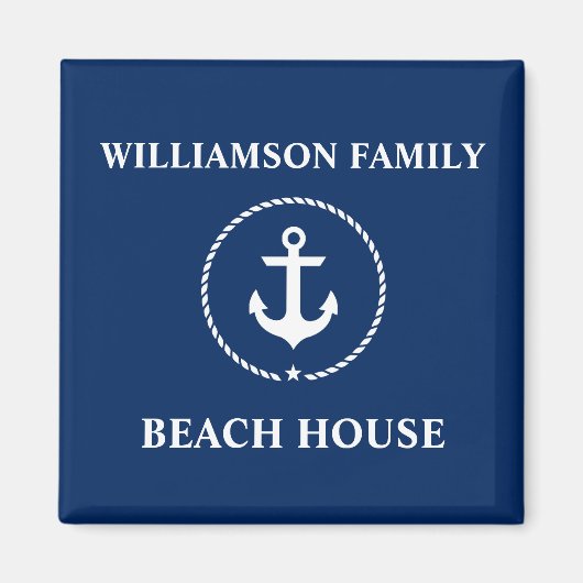 Nautical Beach House Familienaam Anchor Navy Blue Magneet (Voorkant)