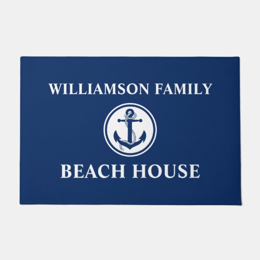 Nautical Beach House Familienaam Anchor Rope Blue Deurmat (Voorkant)