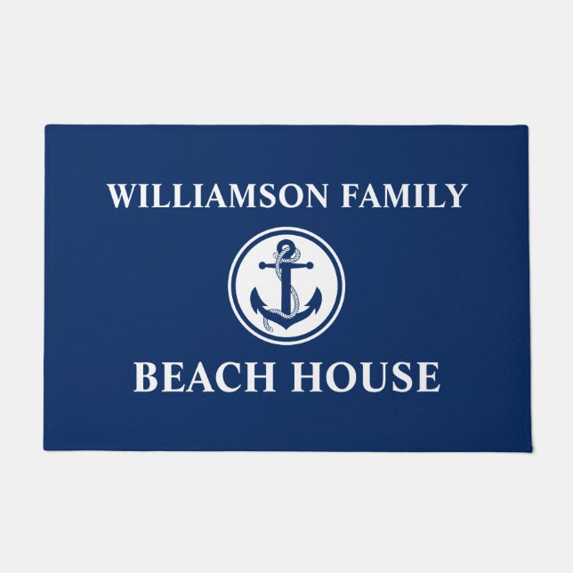 Nautical Beach House Familienaam Anchor Rope Blue Deurmat (Voorkant)