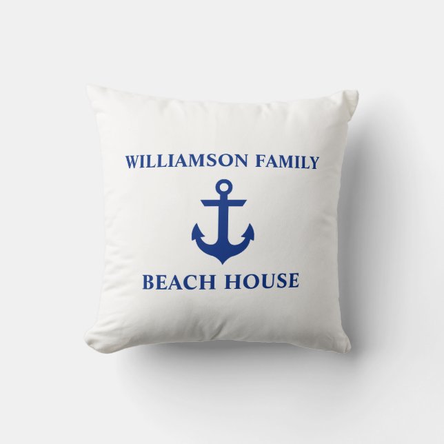 Nautical Beach House Familienaam Anchor White Kussen (Voorkant)