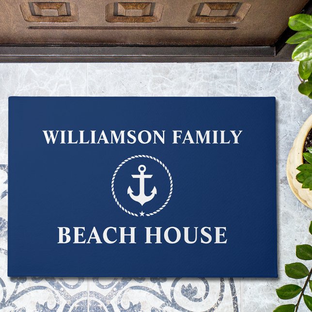 Nautical Beach House familienaam anker blauw groot Deurmat (Customize to change text size, text style or background color.)