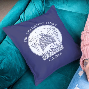 Nautical Beach House Familienaam Blauw en Wit Kussen