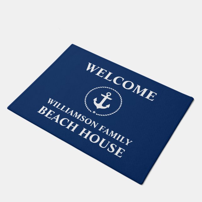 Nautical Beach House Familienaam Blauw Welkom Deurmat (Schuin)
