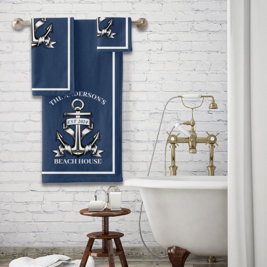 Nautical Beach House Familienaam Est Ship Anchor Bad Handdoek