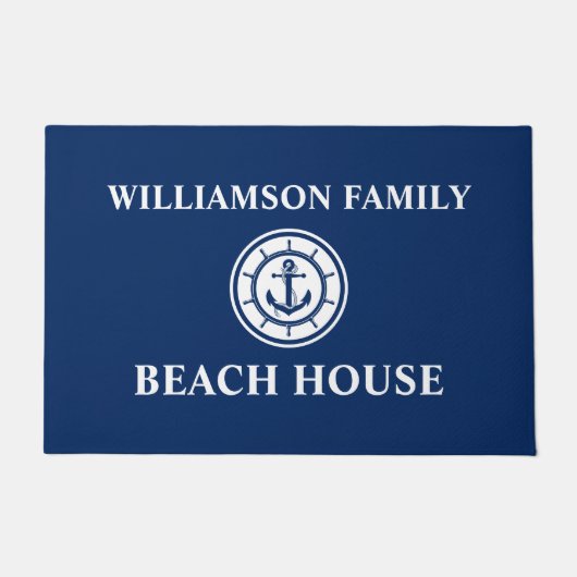 Nautical Beach House Family Name Anchor Wheel Blue Deurmat (Voorkant)
