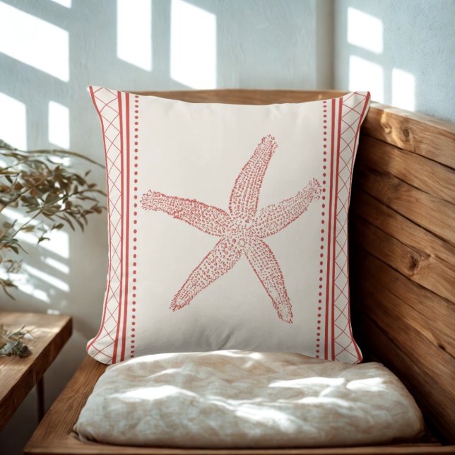Nautical Beach House Kustzeester Kussen (Coral Starfish Throw Pillows - perfect for coastal and nautical beach house themes)