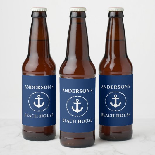 Nautical Beach House Naam Anker Navy Blue Bier Etiket (Flessen)