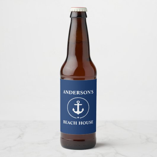 Nautical Beach House Naam Anker Navy Blue Bier Etiket (Voorkant)