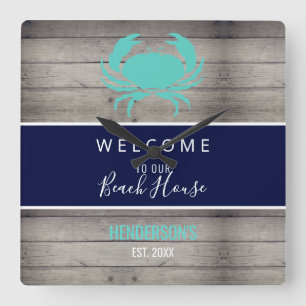 Nautical Beach House Rustic Wood Family Vierkante Klok