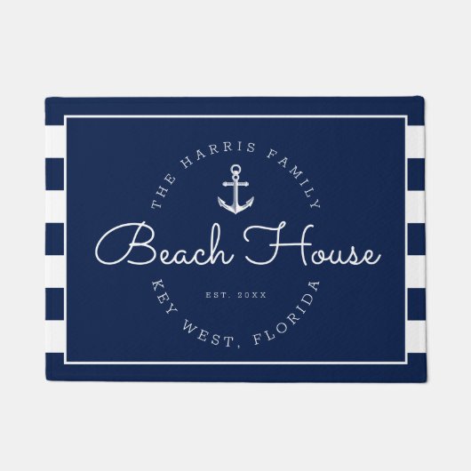 Nautical Beach House Welcome Navy Stripes Deurmat (Voorkant)