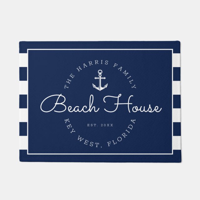 Nautical Beach House Welcome Navy Stripes Deurmat (Voorkant)