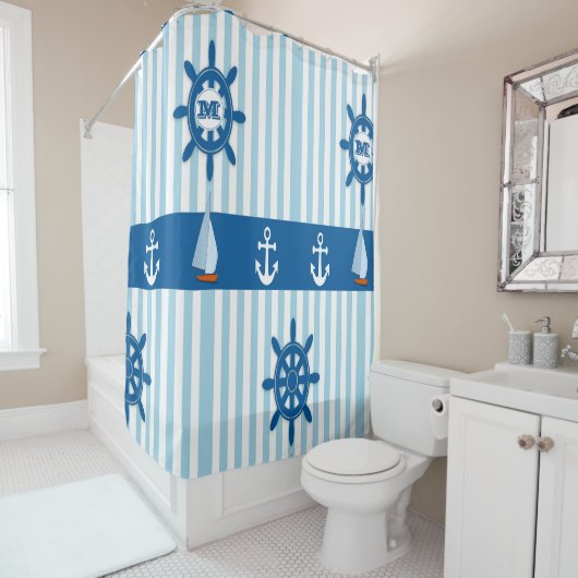 Nautical Beach Monogram Anker Blauw Wit Streep Douchegordijn (In situ)