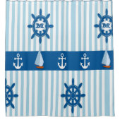 Nautical Beach Monogram Anker Blauw Wit Streep Douchegordijn (Voorkant)