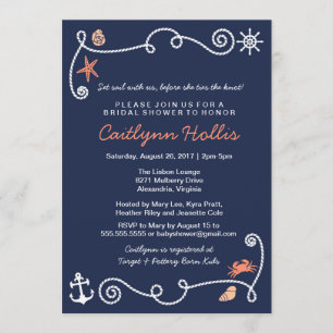 Nautical Beach Navy & Coral Bridal of Baby shower Kaart