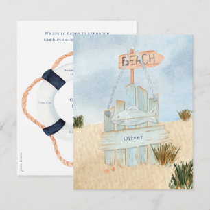Nautical Beach Ocean Lifebuoy Birth Announcement Notitiekaartje