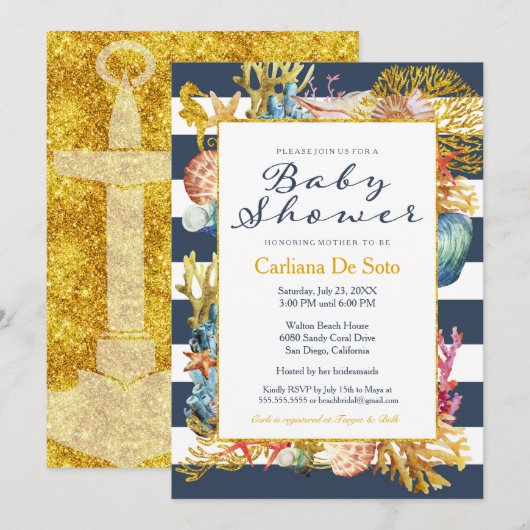Nautical Beach Ocean / Zee Baby shower Invitation Kaart (Voorkant / Achterkant)