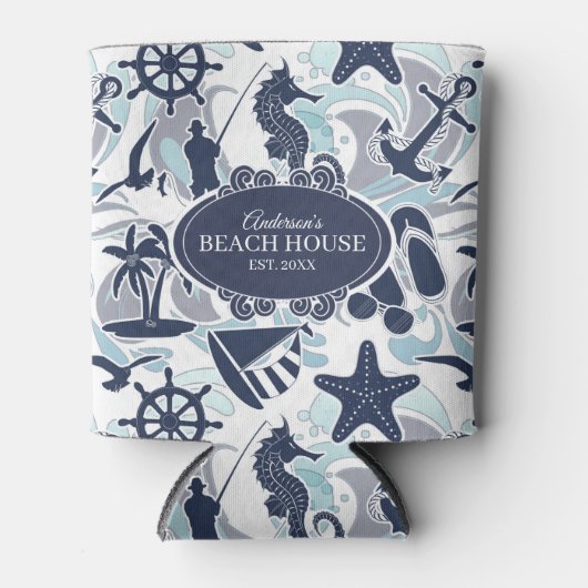 Nautical Beach Pattern Navy ID839 Blikjeskoeler (Voorkant)