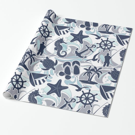 Nautical Beach Pattern Navy ID839 Cadeaupapier (Uitgerold)