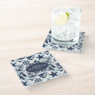 Nautical Beach Pattern Navy ID839 Glazen Onderzetter