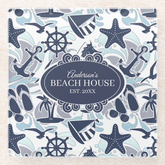Nautical Beach Pattern Navy ID839 Glazen Onderzetter (Voorkant)