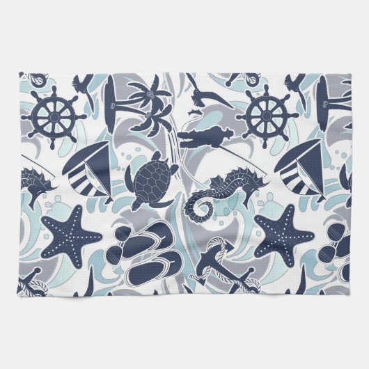 Nautical Beach Pattern Navy ID839 Theedoek (Horizontaal)