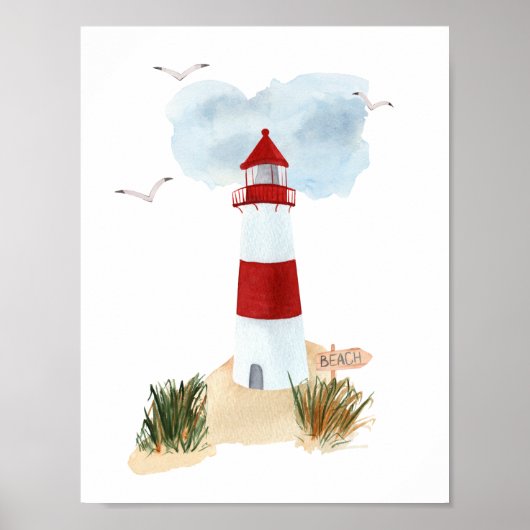 Nautical Beach Red And White Lighthouse Nursery  Poster (Voorkant)
