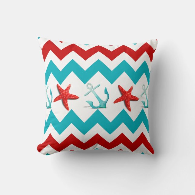 Nautical Beach Red Blauwgroen Chevron Anchors Star Kussen (Voorkant)