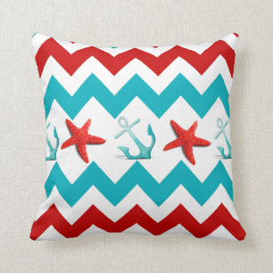 Nautical Beach Red Blauwgroen Chevron Anchors Star Kussen