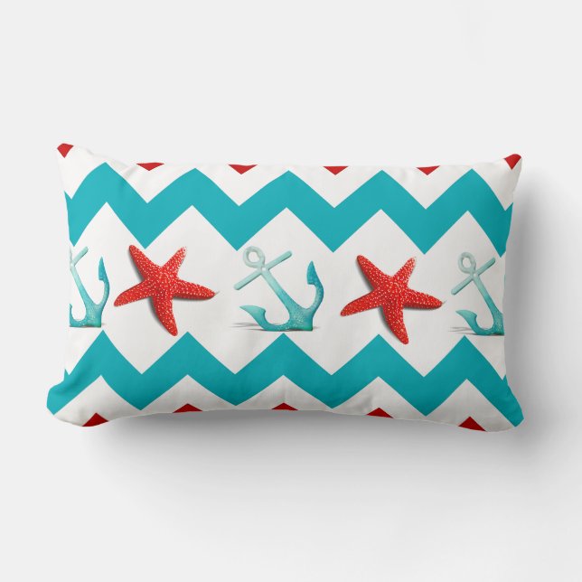 Nautical Beach Red Blauwgroen Chevron Anchors Star Kussen (Voorkant)