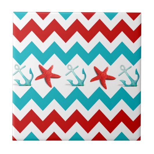 Nautical Beach Red Blauwgroen Chevron Anchors Star Tegeltje (Voorkant)