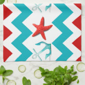 Nautical Beach Red Blauwgroen Chevron Anchors Star Theedoek (Gevouwen)