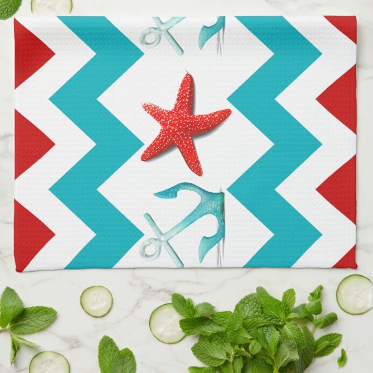 Nautical Beach Red Blauwgroen Chevron Anchors Star Theedoek (Gevouwen)
