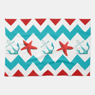 Nautical Beach Red Blauwgroen Chevron Anchors Star Theedoek