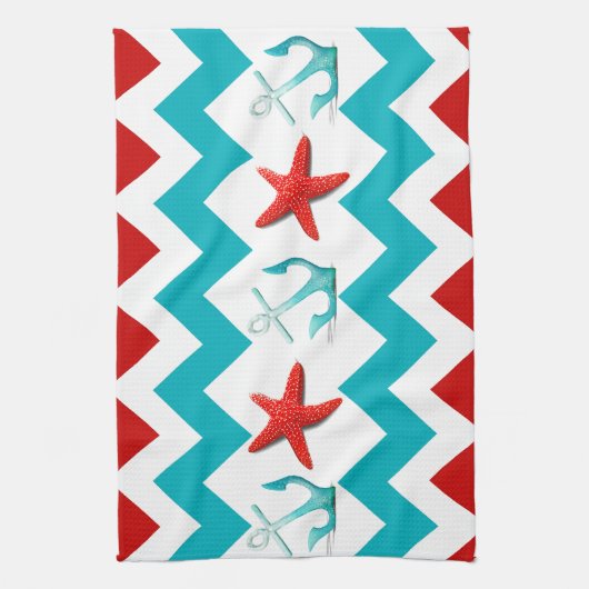Nautical Beach Red Blauwgroen Chevron Anchors Star Theedoek (Verticaal)