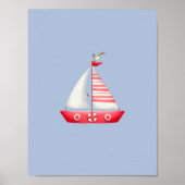 Nautical Beach Red Sailboat With Seagulls Nursery  Poster (Voorkant)