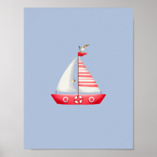 Nautical Beach Red Sailboat With Seagulls Nursery Poster