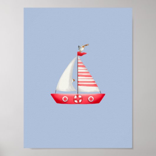 Nautical Beach Red Sailboat With Seagulls Nursery  Poster (Voorkant)