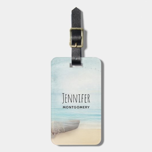 Nautical Beach Scène met roeiboot & Gevist net Bagagelabel (Voorkant verticaal)