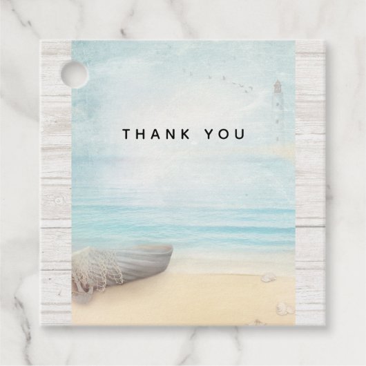 Nautical Beach Scène met roeiboot & Gevist net Bedankjes Labels (Voorkant)