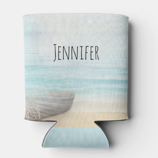 Nautical Beach Scène met roeiboot & Gevist net Blikjeskoeler (Achterkant)