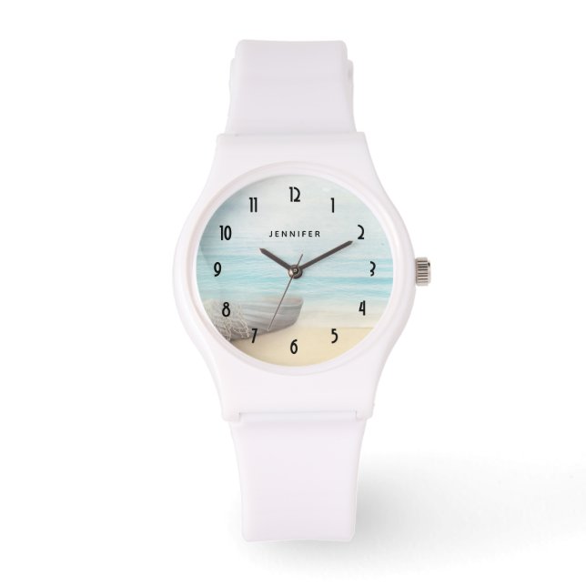 Nautical Beach Scène met roeiboot & Gevist net Horloge (Voorkant)