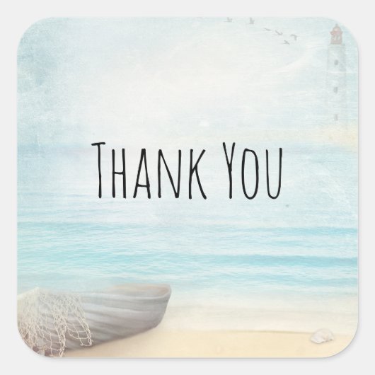 Nautical Beach Scène met roeiboot & Gevist net Vierkante Sticker (Voorkant)