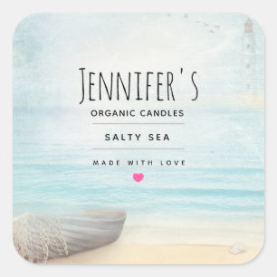Nautical Beach Scène met roeiboot & Gevist net Vierkante Sticker