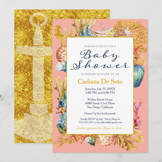 Nautical Beach Schelp Baby Shower Uitnodiging (Voorkant / Achterkant)