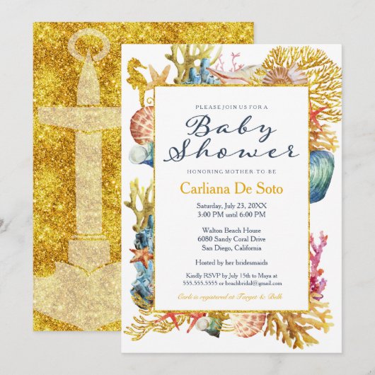 Nautical Beach Seashell Baby shower Invitation Kaart (Voorkant / Achterkant)