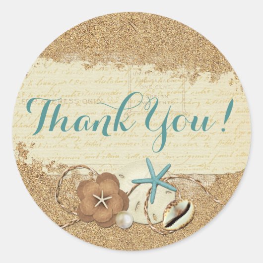 Nautical Beach Seashells & Sand Ocean Bedankt Ronde Sticker (Voorkant)