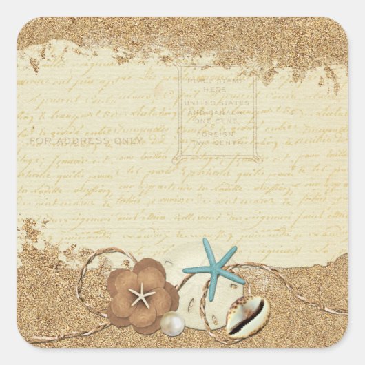 Nautical Beach Seashells & Sand Ocean Boutique Vierkante Sticker (Voorkant)