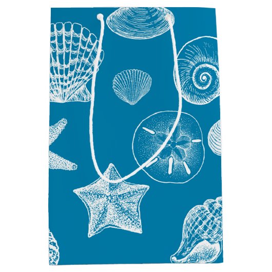 Nautical Beach Shells Aqua White Medium Cadeauzakje (Voorkant)