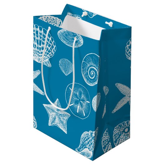 Nautical Beach Shells Aqua White Medium Cadeauzakje (Voorkant Gekanteld)