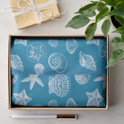 Nautical Beach Shells Aqua White Tissuepapier (Geschenk)